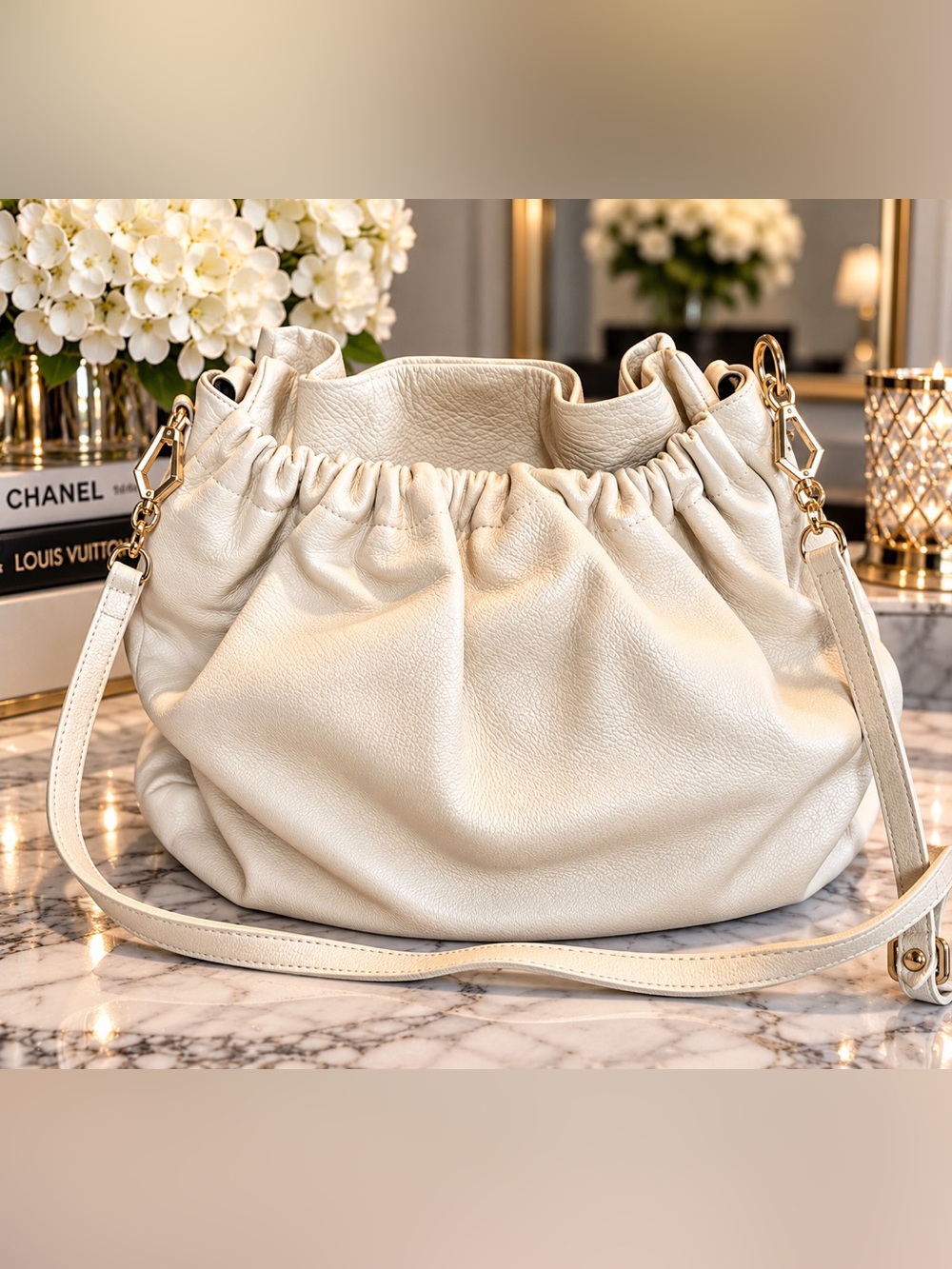 Miu Miu Cream Pebbled Leather Drawstring Shoulder Bag with Gold Hardware